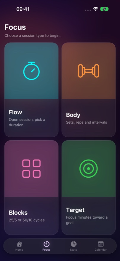 RiseArc focus selection with Flow Focus, Focus Blocks, Body Focus and Target Focus
