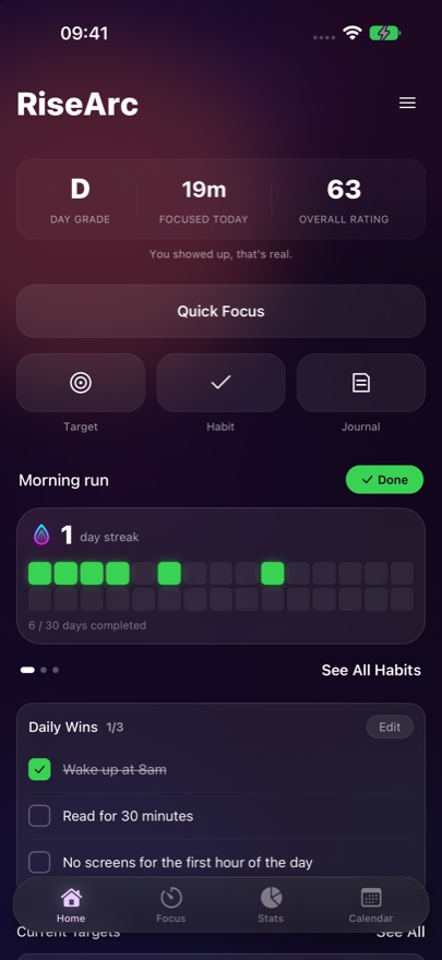 RiseArc home with Quick Focus, a habit grid and three daily wins